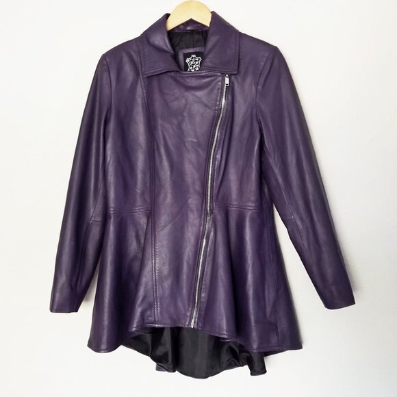 Real 100% Genuine Leather Peplum Long Sleeves Asymmetric Jacket M Purple - Picture 16 of 16